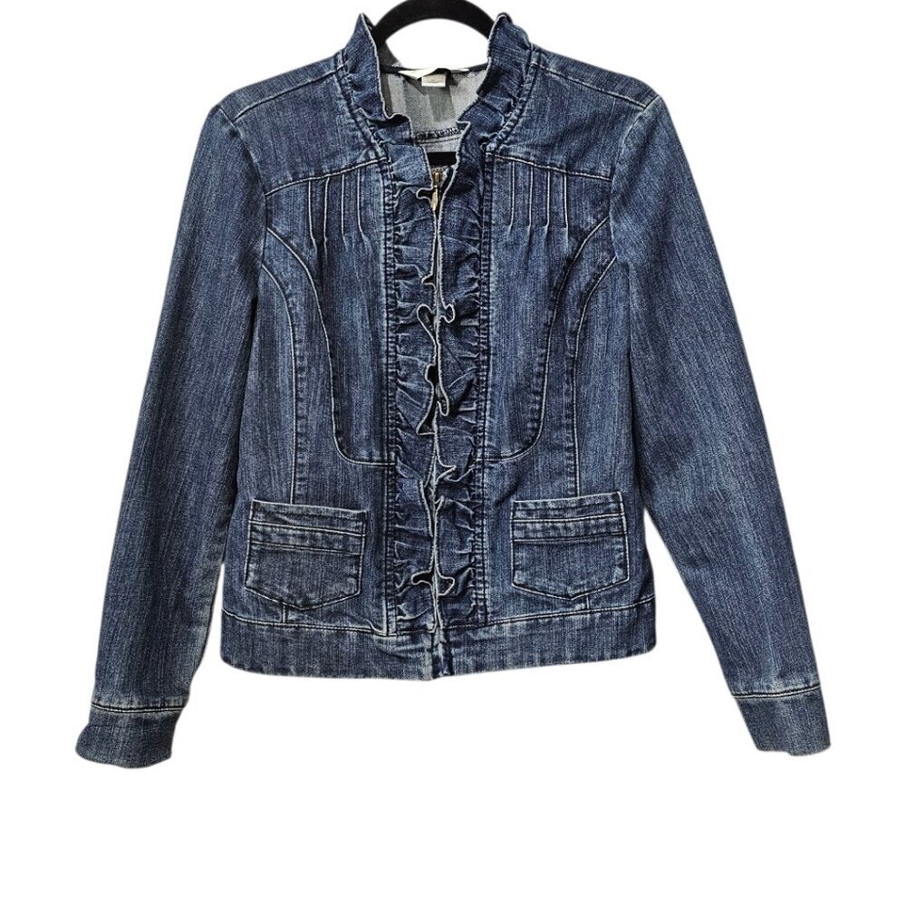 Christopher & Banks Denim Vintage Y2K Boho Ruffled Zip Up Blue Jean Jacket M